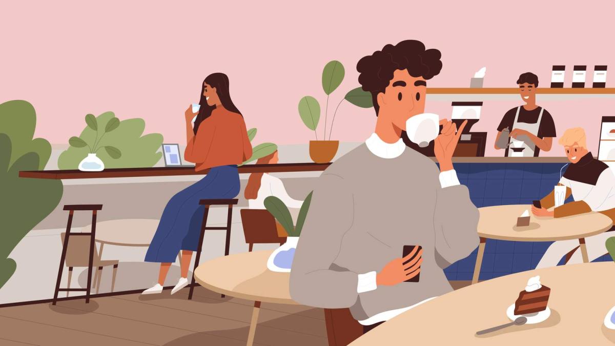info graphic of people at a cafe on their laptops