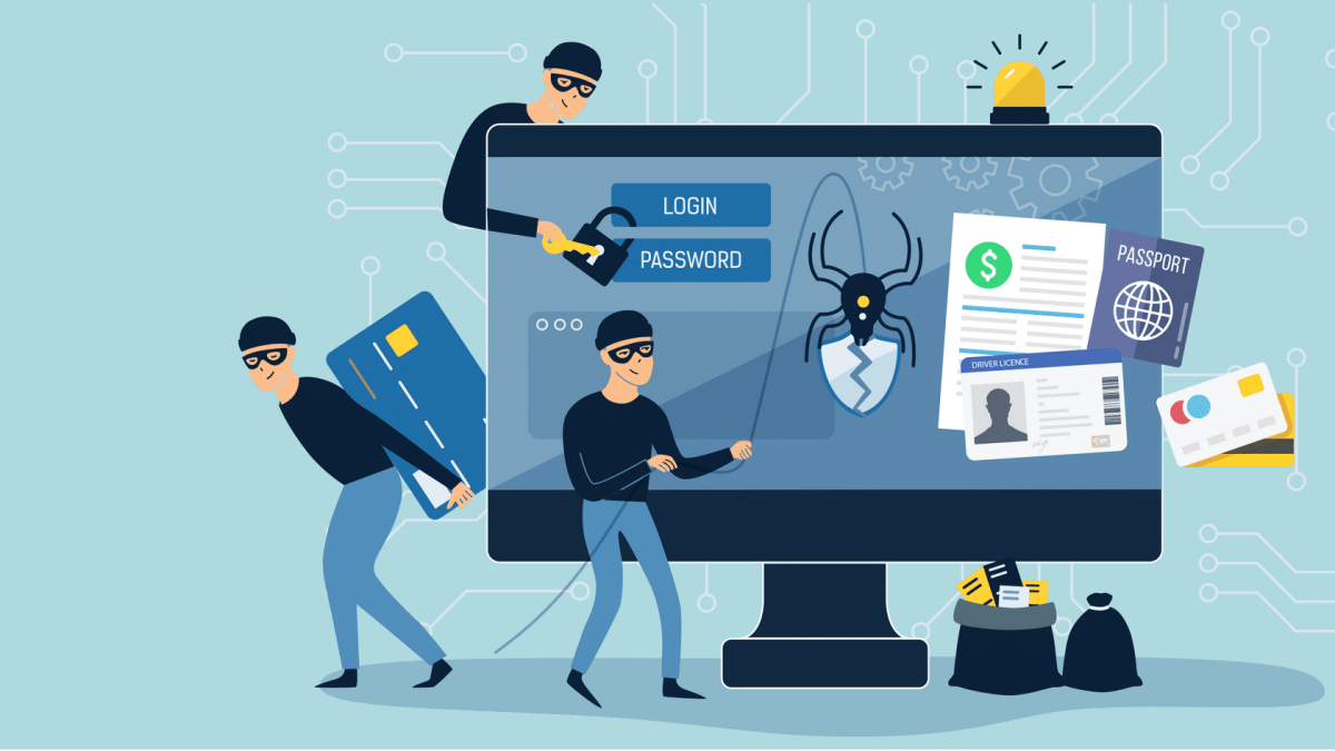 info graphic of cartoon men on computer screen pretending to steal online identity