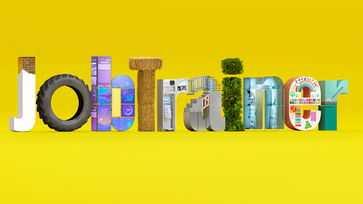 Job trainer words in creative colourful text on yellow background