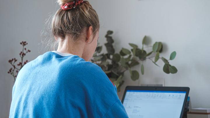 Young woman  sitting at desk looking at computer