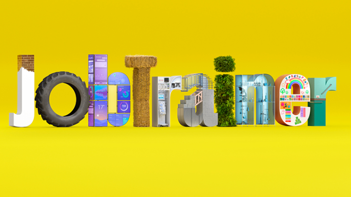 Job trainer words in creative colourful text on yellow background
